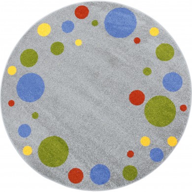 Apvalus pilkos spalvos kilimas su spalvotais taškais